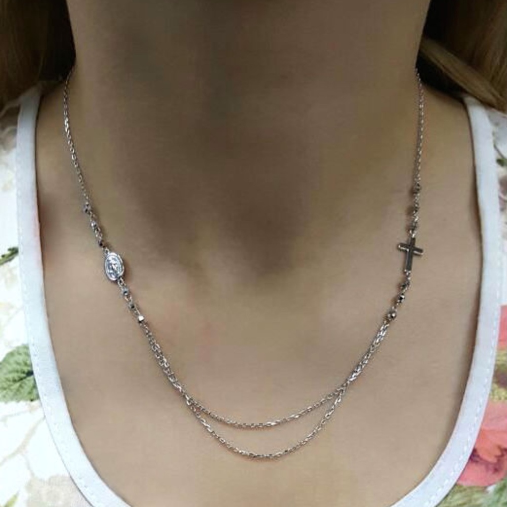 Silver Beaded Virgin Mary & Jesus Cross Necklace